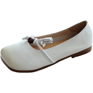 头层牛皮小牛皮森女文艺复古真皮女鞋单鞋春夏新浅口方头名媛女鞋