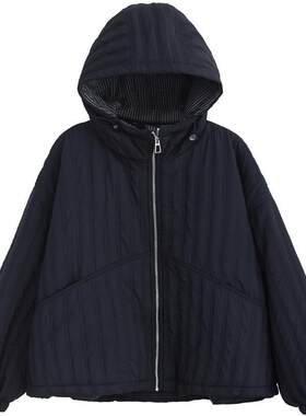 竖绗缝连帽廓形棉服女大码新款冬