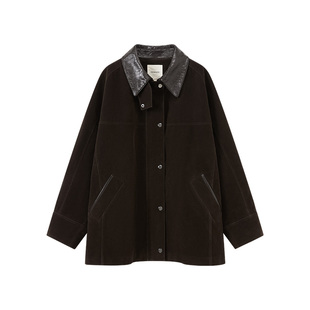 CROWNLESS未冕26春季新品加厚绒毛仿麂皮 拼接油蜡PU领巴恩风夹克