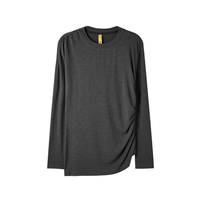 U/TI圆领深灰长袖T恤女装 简约侧边抽褶正肩上衣尤缇2025秋季新款