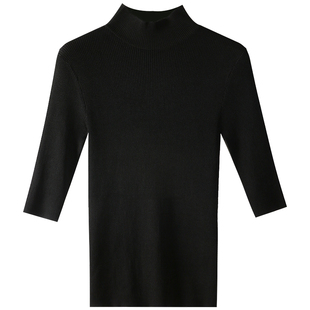 冰丝针织衫女短袖修身夏季立领线衣半高领紧身黑色半袖上衣打底衫