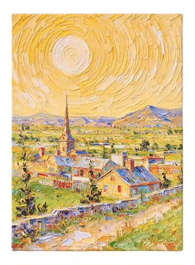 奶油风黄色小镇客厅沙发砂岩肌理油画装饰画高级感玄关床头竖挂画
