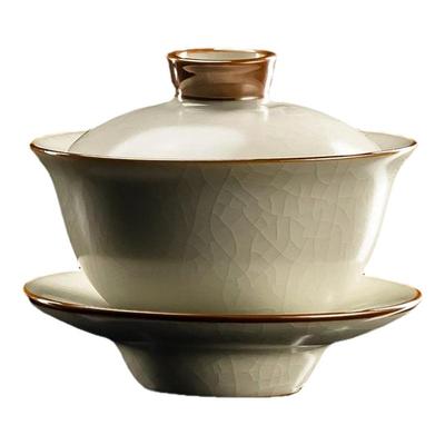 容山堂米黄汝窑三才盖碗三件套