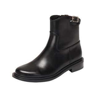 思加图新款夜蝴蝶英伦风短靴时装靴粗跟黑色女靴皮靴靴子EAJ49DD5