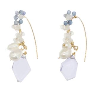 「暮色将近」三合一草天然珍珠堇青石色石英美国14k包金耳环耳夹