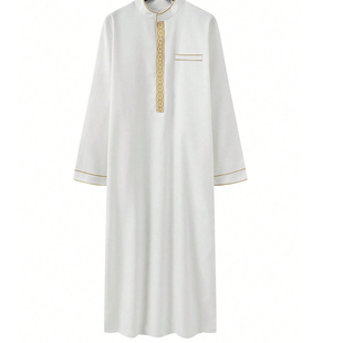 阿联酋迪拜长袍少数民族服装男立领刺绣宽松长袍中东长衫男袍