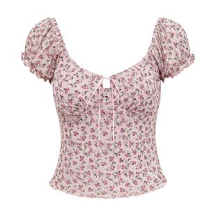 Go Girl Go自制欧美风纯欲系带镂空碎花泡泡袖T恤女修身短袖上衣