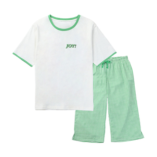 tutuanna睡衣女夏季 全棉透气素色上衣格子长裤两件套装家居服女