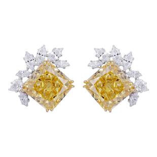 进口18K铂金单钻女莫桑石公主方耳钉花型璀璨奢华黄钻微镶耳饰