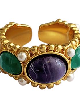 中古金色绿玉髓珍珠戒指女