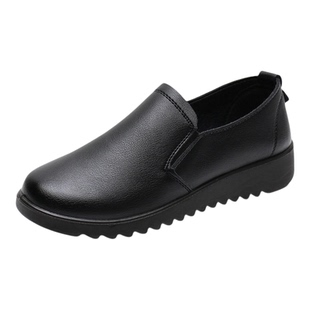 黑色平底深口单鞋女工作鞋套脚防滑妈妈鞋通勤女鞋大码加绒棉皮鞋