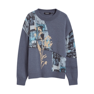 Desigual插画拼贴印花拼接针织花束刺绣女士毛衣