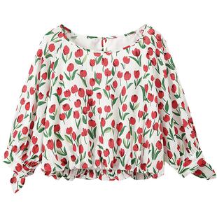 URLAZH有兰夏季新款度假风甜美法式截短款郁金香泡泡袖花苞上衣女