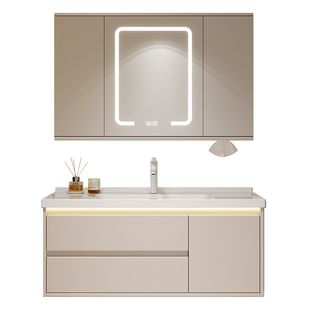 折叠风水镜奶油风陶瓷一体盆浴室柜卫生间洗手洗脸盆柜组合洗漱台