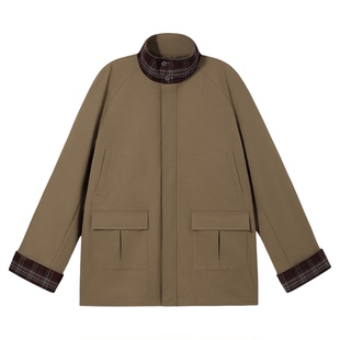 PSO Brand男装女装复古格纹立领中长款外套男款宽松休闲工装夹克