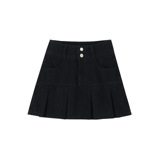 黑色百褶牛仔短裙女夏季大码胖mm高腰遮肚显瘦梨形身材a字半身裙