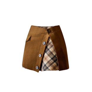 地球店咖色美拉德穿搭半身裙裤小个子女冬季灯芯绒格纹休闲裤短款