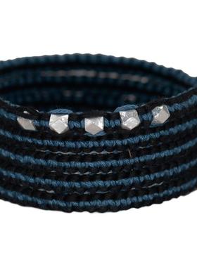 手打银珠 超长5圈男款低调棉织深蓝色手链