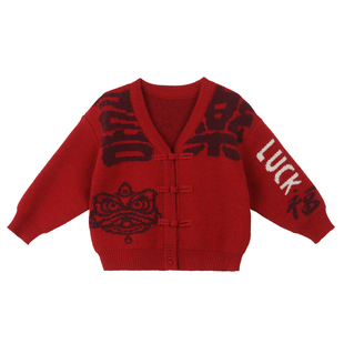 小O爸男婴童 男宝宝红色毛衣2026新款盘扣开衫婴儿中国风拜年服