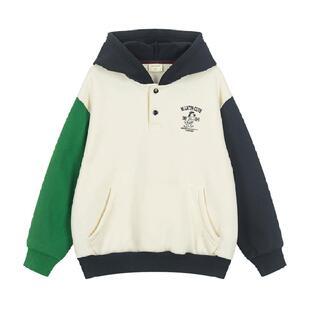 马拉丁童装儿童卫衣24冬新款男大童美式复古印花撞色加绒连帽卫衣