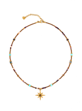 复古虎眼石八芒星极细钻切项链