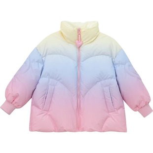 女童加厚羽绒服冬装2025新款90白鸭绒儿童保暖外套渐变立领面包服