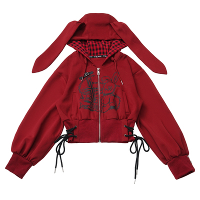 pinksavior【兔子梦境】红灰兔耳拉链连帽外套百褶不规则半裙秋冬