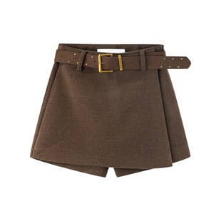 高级灰色毛呢短裙女秋冬季气质A字休闲裙裤小个子假两件阔腿靴裤