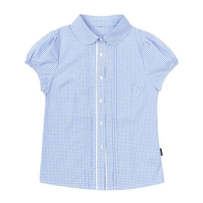 斯踏迪夏季夏款校服衬衫蓝色格纹