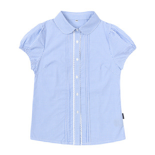 夏装纯棉短袖校服初中小学生女童蓝色格子浅蓝花边圆领泡泡袖衬衫