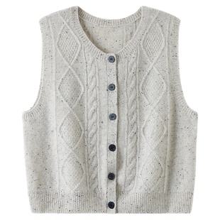 思诺芙德圆领绞花100%山羊绒马甲开衫女菱格无袖针织背心25秋冬