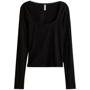 HM女装T恤春季小环饰边棉质短上衣罗纹修身长袖款打底衫1273919