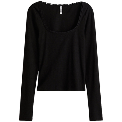 HM女装T恤冬季小环饰边棉质短上衣罗纹修身长袖款打底衫1273919