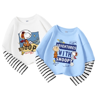 史努比儿童打底衫男大童假两件纯棉上衣男孩春秋长袖男童薄款t恤