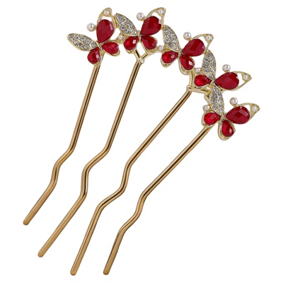 国风红色琉璃发簪四齿盘发发钗女