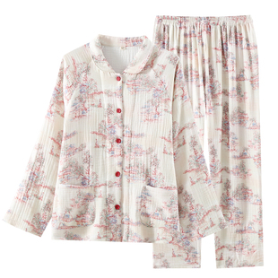 纯棉四层纱布睡衣女士春秋全棉长袖长裤可爱卡通家居服泡泡纱套装