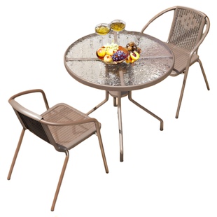 户外庭院桌椅阳台休闲区布置露天室外藤椅茶桌椅组合一桌二椅铁艺