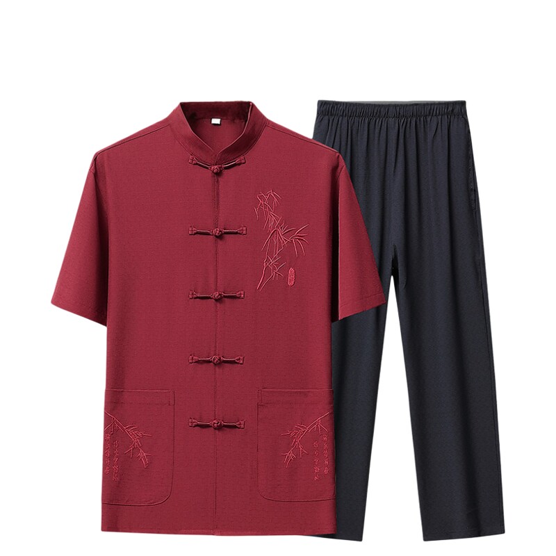唐装中老年男士夏季短袖套装中国风休闲立领宽松上衣爸爸爷爷装男