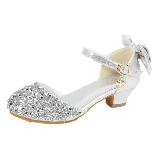 女童高跟鞋主持人晚礼服银色小学生水晶女孩女宝爱莎公主儿童鞋子