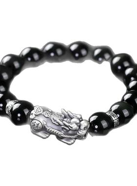 黑曜石手串999足银招财貔貅手链