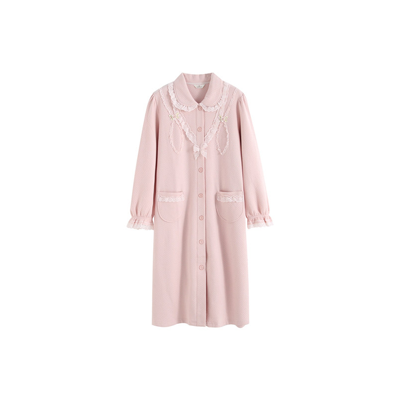 罗丝美秋冬新品17215纯棉暖棉布小翻领全开襟镶蕾丝长袖居家睡袍