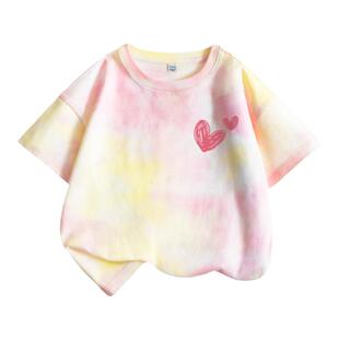拉夏贝尔女童短袖t恤2026新款夏装儿童夏季上衣女孩纯棉扎染半袖