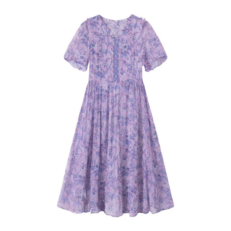 夏季妈妈装紫色碎花显瘦连衣裙