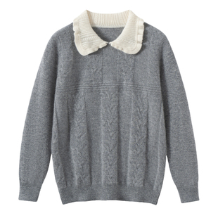 儿童100%纯山羊绒衫中大童针织毛线衣女童娃娃领粉色绞花秋冬毛衣