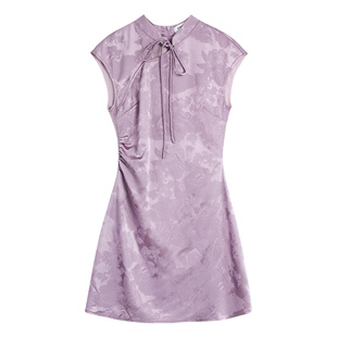 pusumede黑色改良旗袍新中式连衣裙女国风设计感收腰气质提花短裙