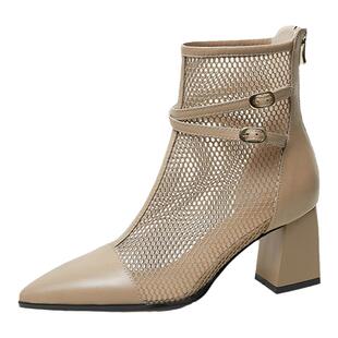 2025春夏新款高跟网纱凉靴尖头高跟鞋粗跟网靴真皮包头镂空凉鞋子