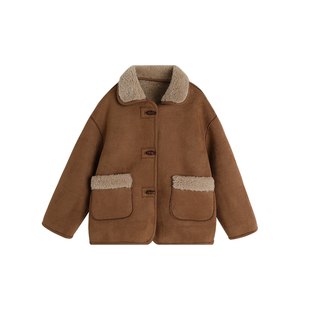 沫沫童装冬装女童加绒加厚上衣2026秋冬季新款儿童翻领麂皮绒外套