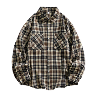 班尼路SK日系复古格子长袖衬衫男士春夏季宽松衬衣休闲外套上衣YS