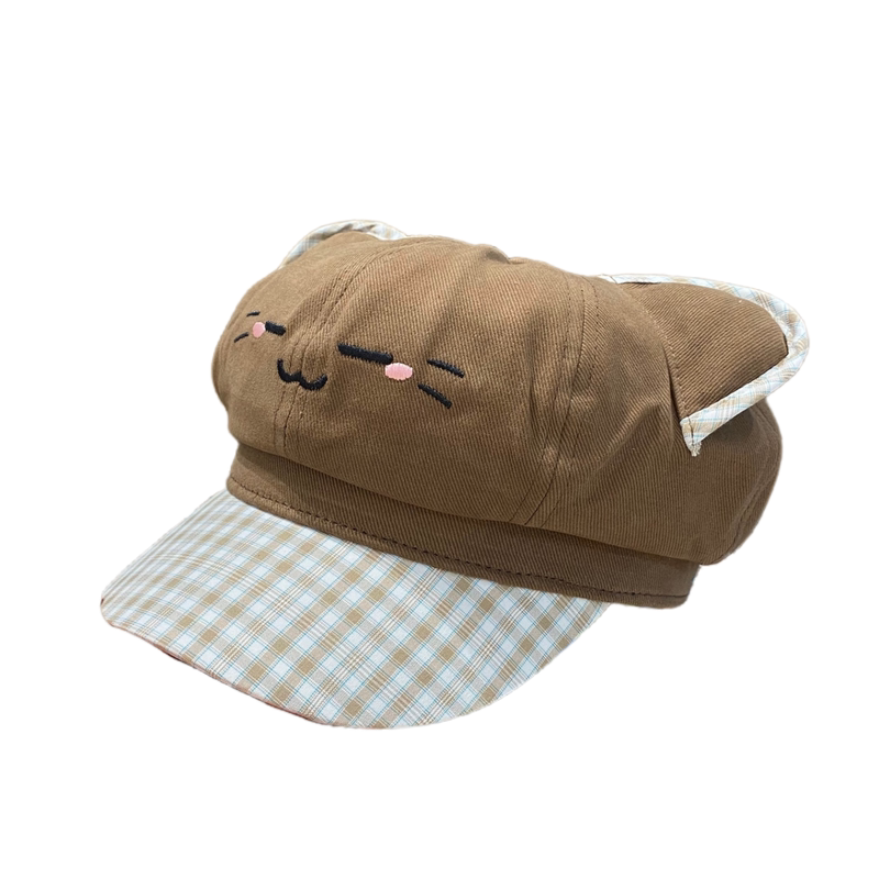 日系可爱猫耳格纹八角帽子女春秋