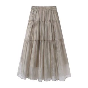 灰色纱裙半身裙女2026新款夏季薄款中长款a字蛋糕裙轻盈轻薄裙子